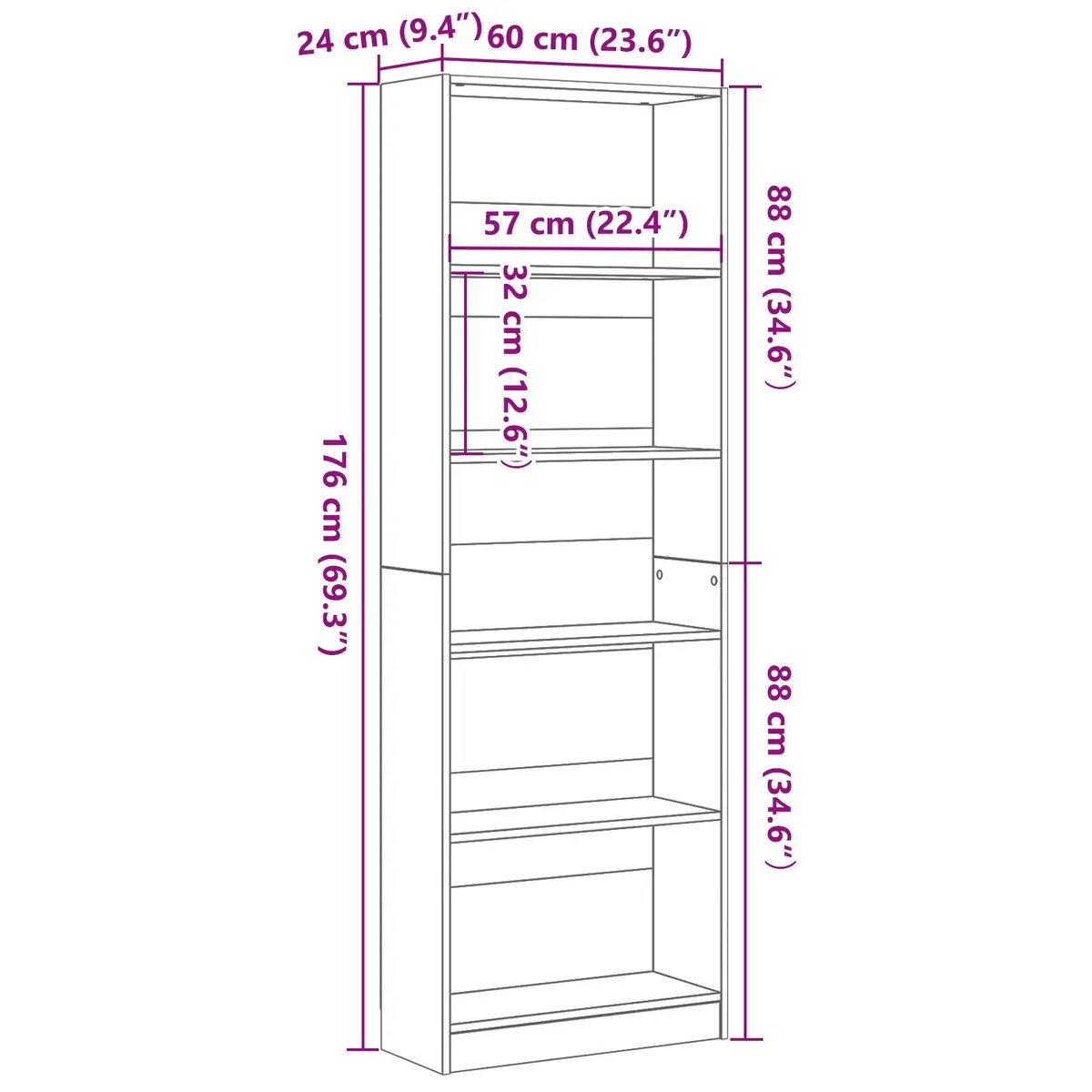Bookshelf Freestanding Black Oak Modern Storage Unit 60 x 24 x 176 cm