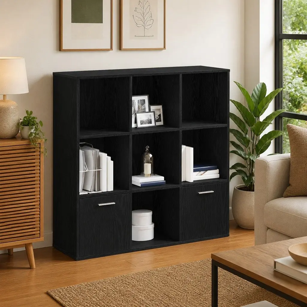 Book Cabinet Black Oak 7 Compartments 2 Doors Engineered Wood