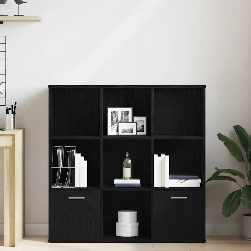 Book Cabinet Black Oak 7 Compartments 2 Doors Engineered Wood
