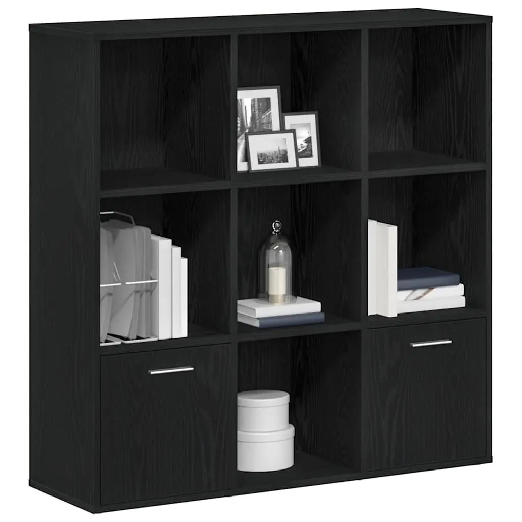Book Cabinet Black Oak 7 Compartments 2 Doors Engineered Wood