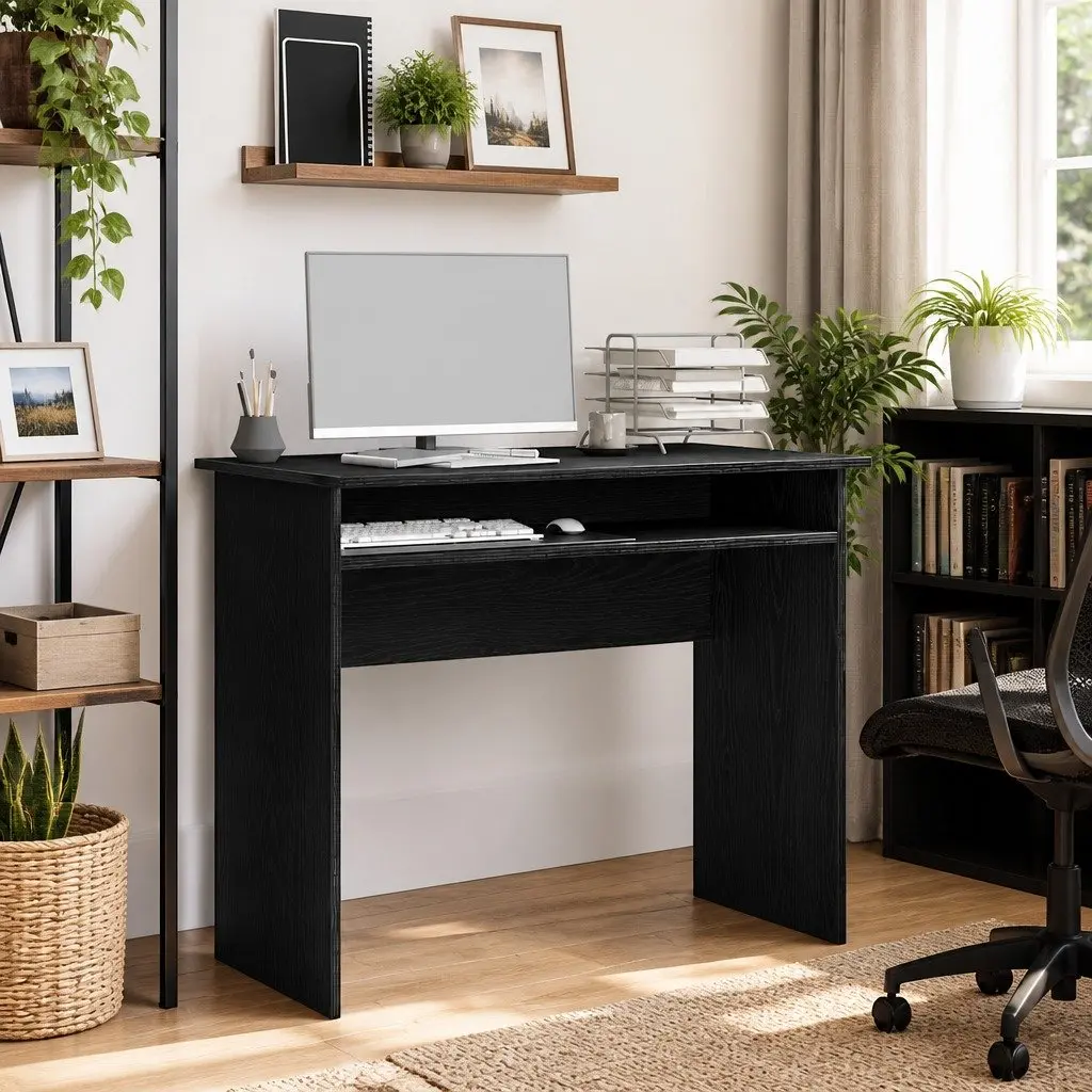 Office Desk Black Oak Engineered Wood 90x50x74cm Storage Gaming Workspace