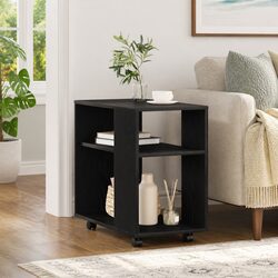 Side Table Black Oak 70x35x60 cm 2-Tier Storage End Table with Swivel Wheels