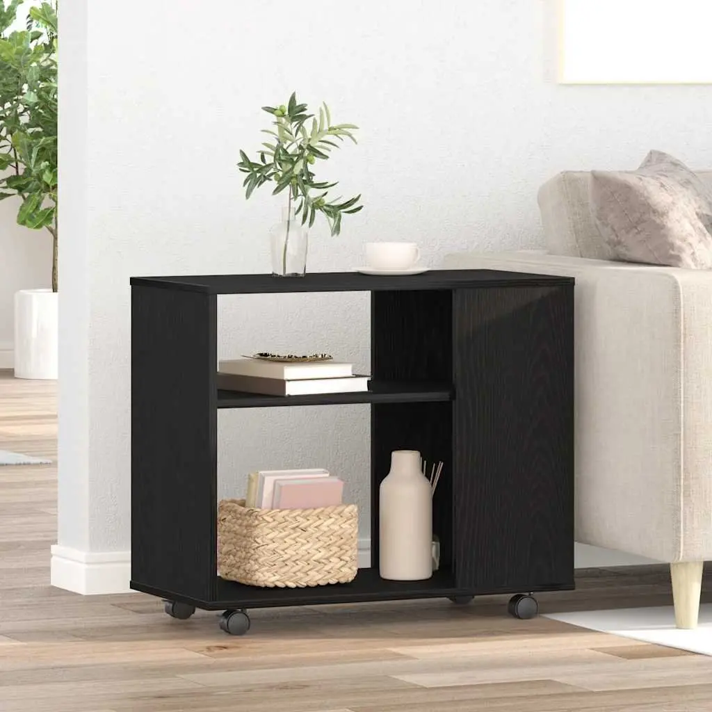 Side Table Black Oak 70x35x60 cm 2-Tier Storage End Table with Swivel Wheels