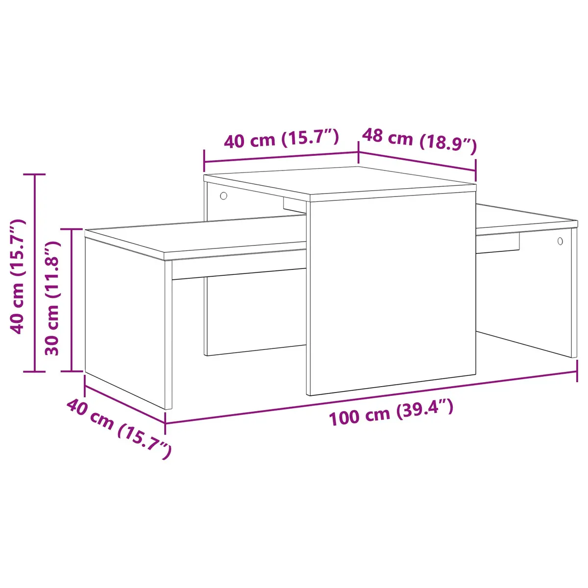 Nesting Coffee Tables Set Black Oak Modern Living Room Accent Furniture 100 x 48 x 40 cm
