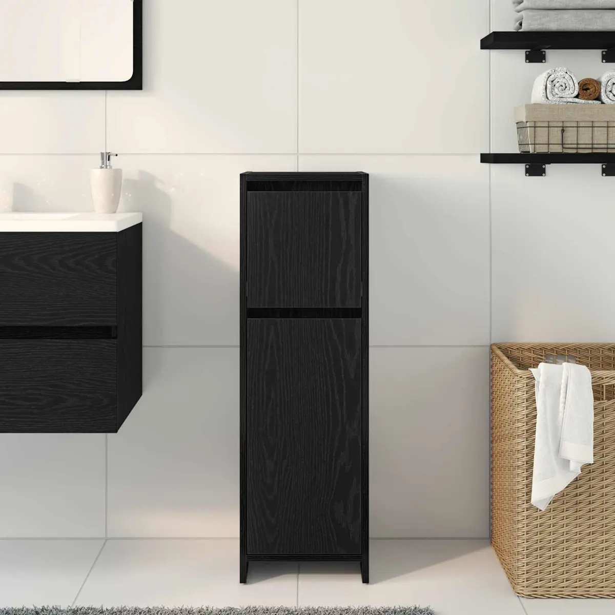 Bathroom Cabinet Modern Black Oak Storage Unit 30 x 30 x 95 cm