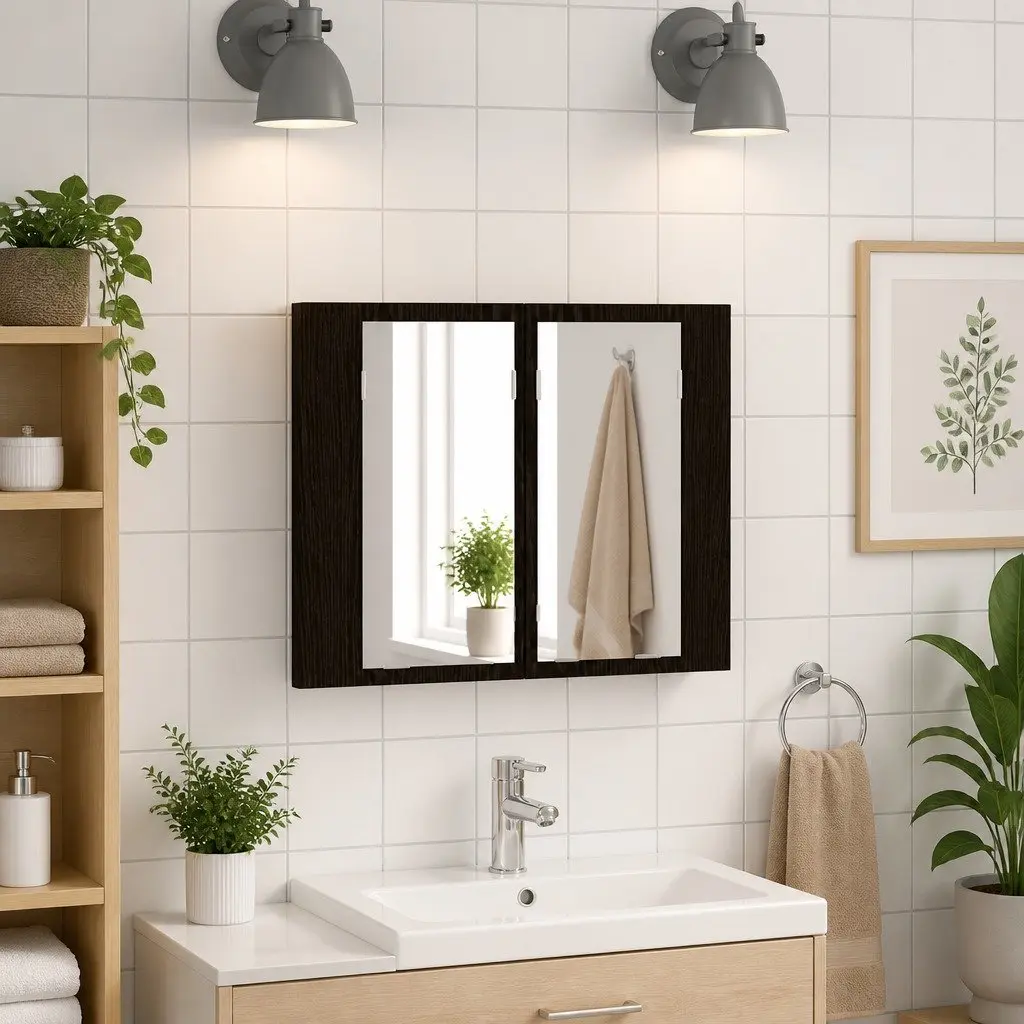Bathroom Mirror Cabinet Wall-Mounted LED Lighting Storage Vanity Unit Black Oak