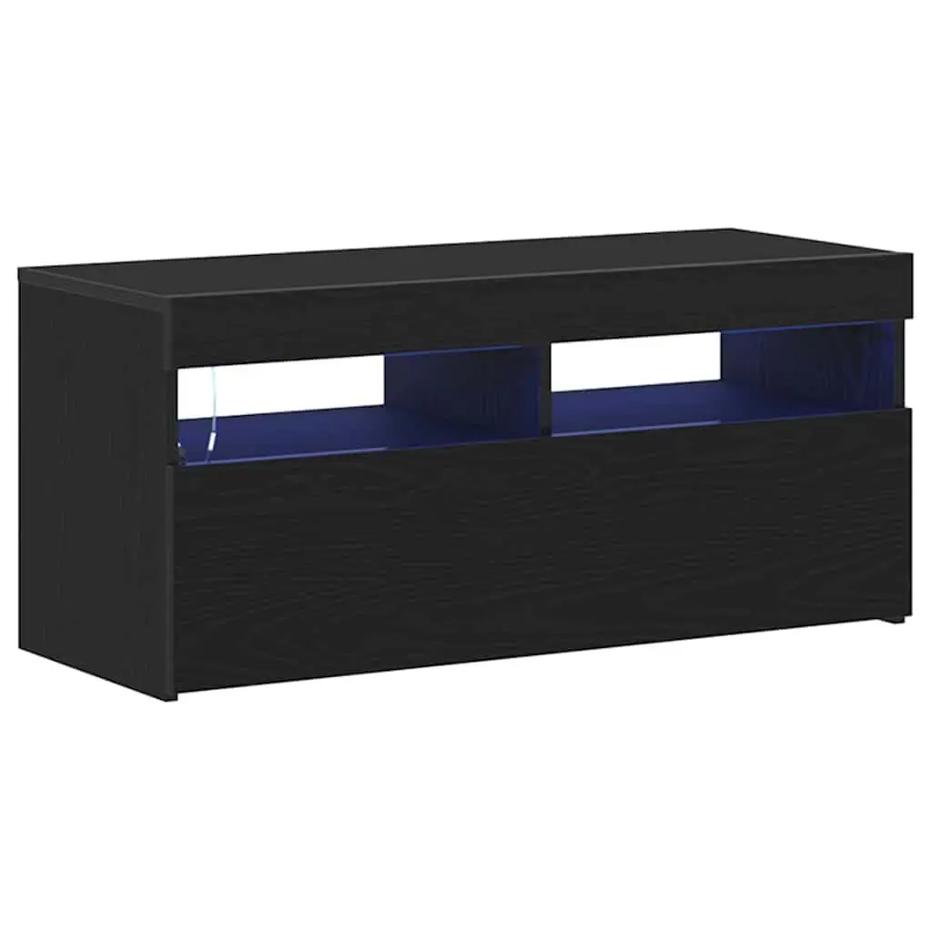 TV Cabinet with LED Lights Black Oak Living Room Entertainment Storage Unit