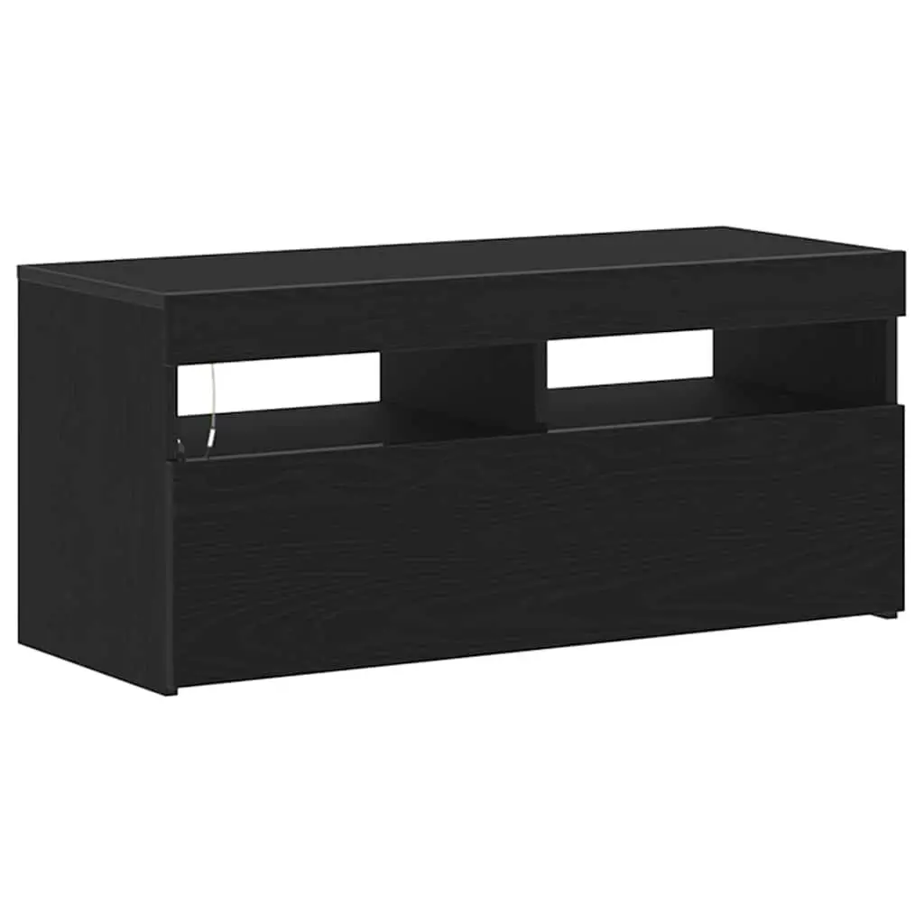 TV Cabinet with LED Lights Black Oak Living Room Entertainment Storage Unit