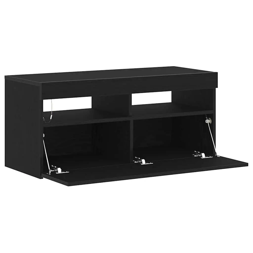 TV Cabinet with LED Lights Black Oak Living Room Entertainment Storage Unit