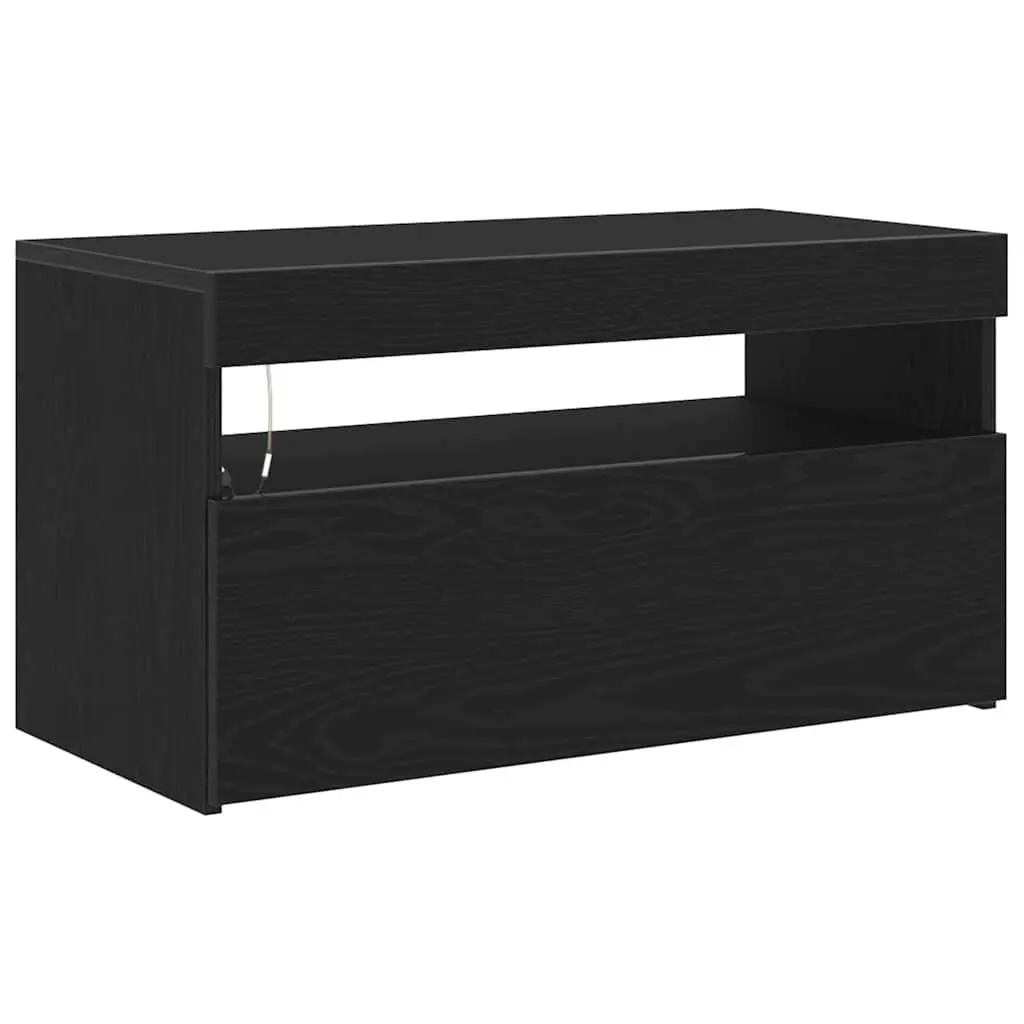 TV Cabinet Black Oak Living Room Media Storage Unit with LED Lighting 75x35x40cm