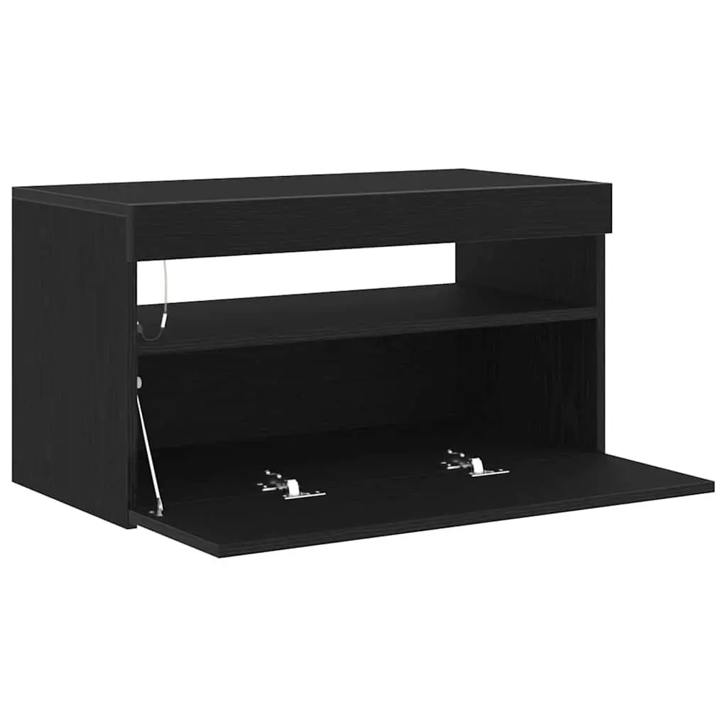TV Cabinet Black Oak Living Room Media Storage Unit with LED Lighting 75x35x40cm