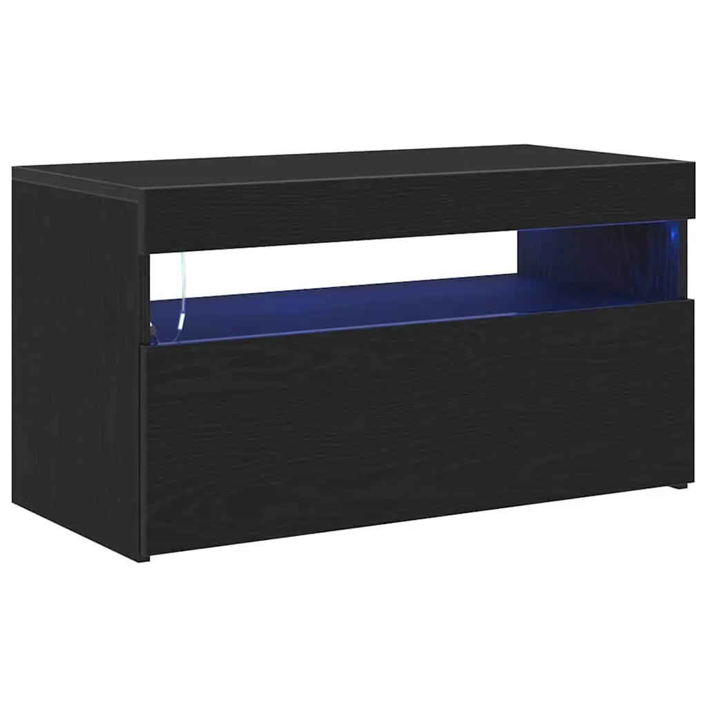 TV Cabinet Black Oak Living Room Media Storage Unit with LED Lighting 75x35x40cm