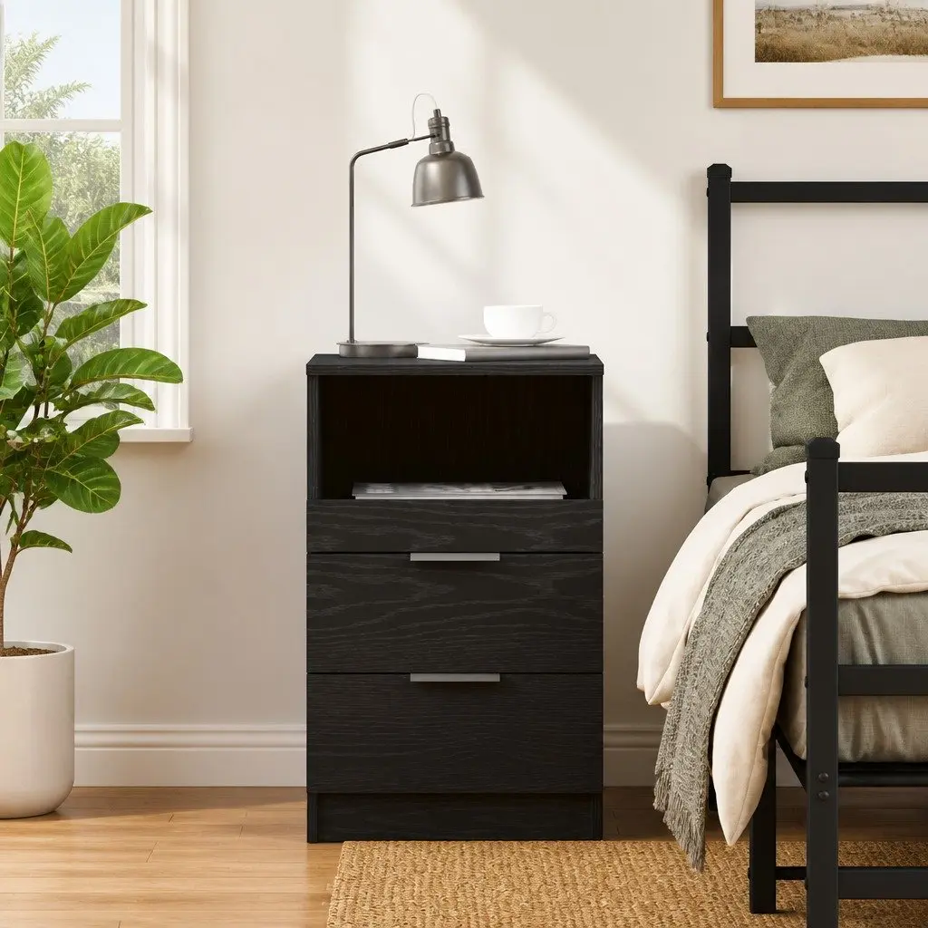 Bedside Cabinet Black Oak Engineered Wood 40x35x65cm Nightstand Drawer Storage