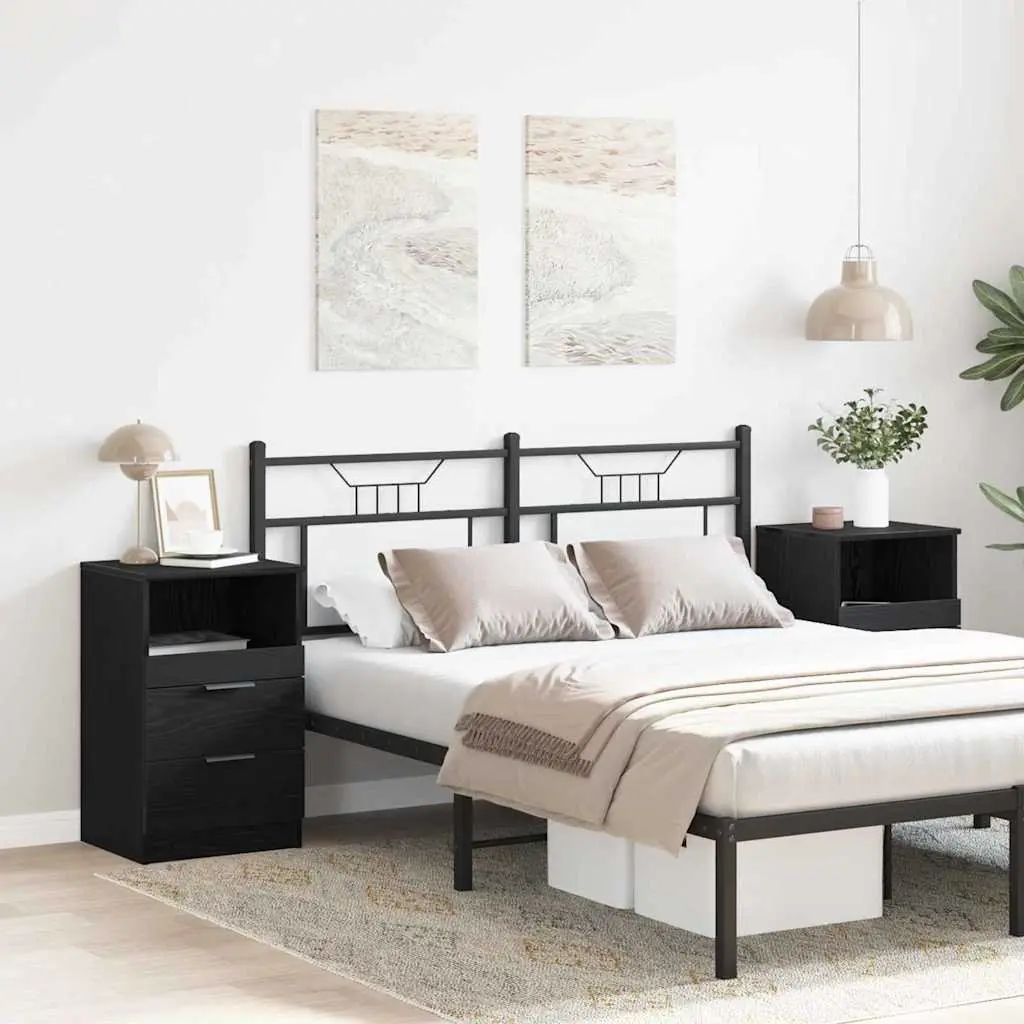 Bedside Cabinet Black Oak Engineered Wood Nightstand 2 Piece