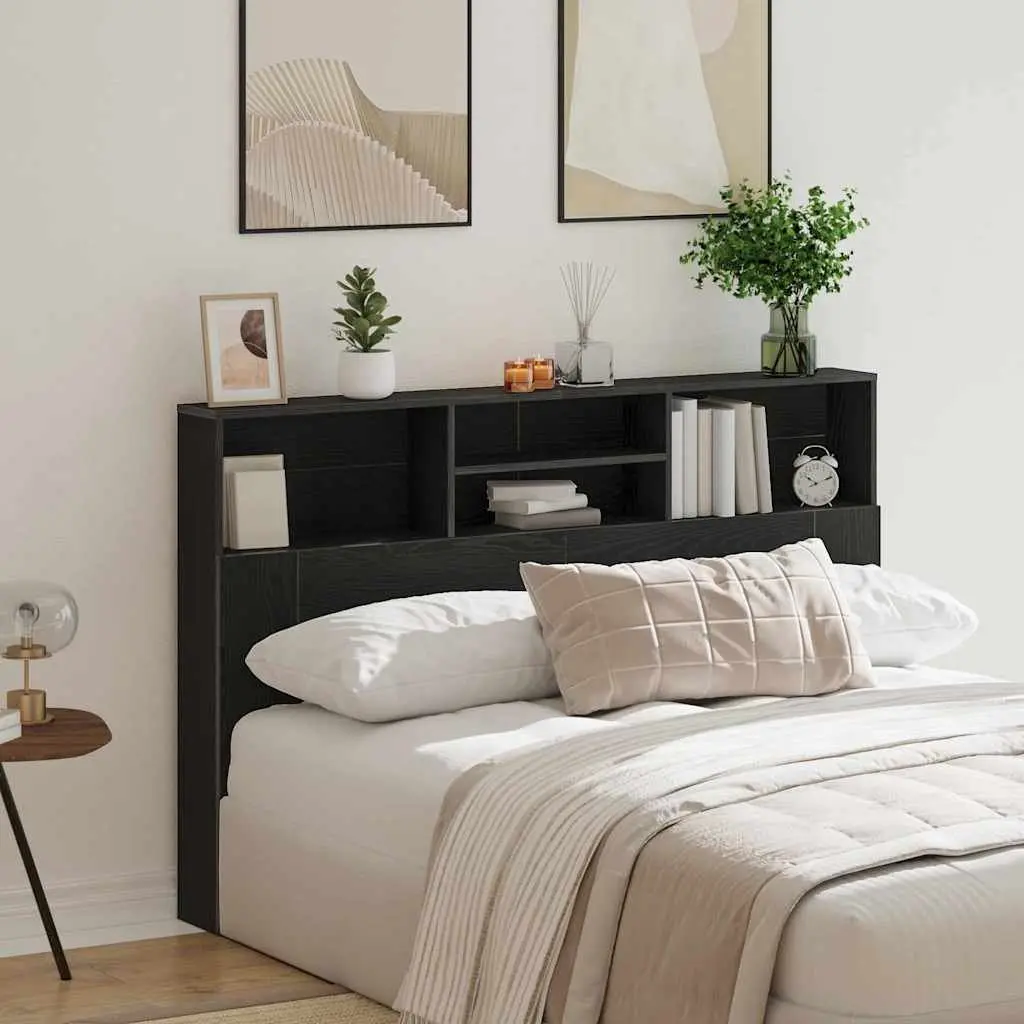 Wall-Mounted Headboard Cabinet Black Oak 160cm Bedroom Storage Shelving Unit