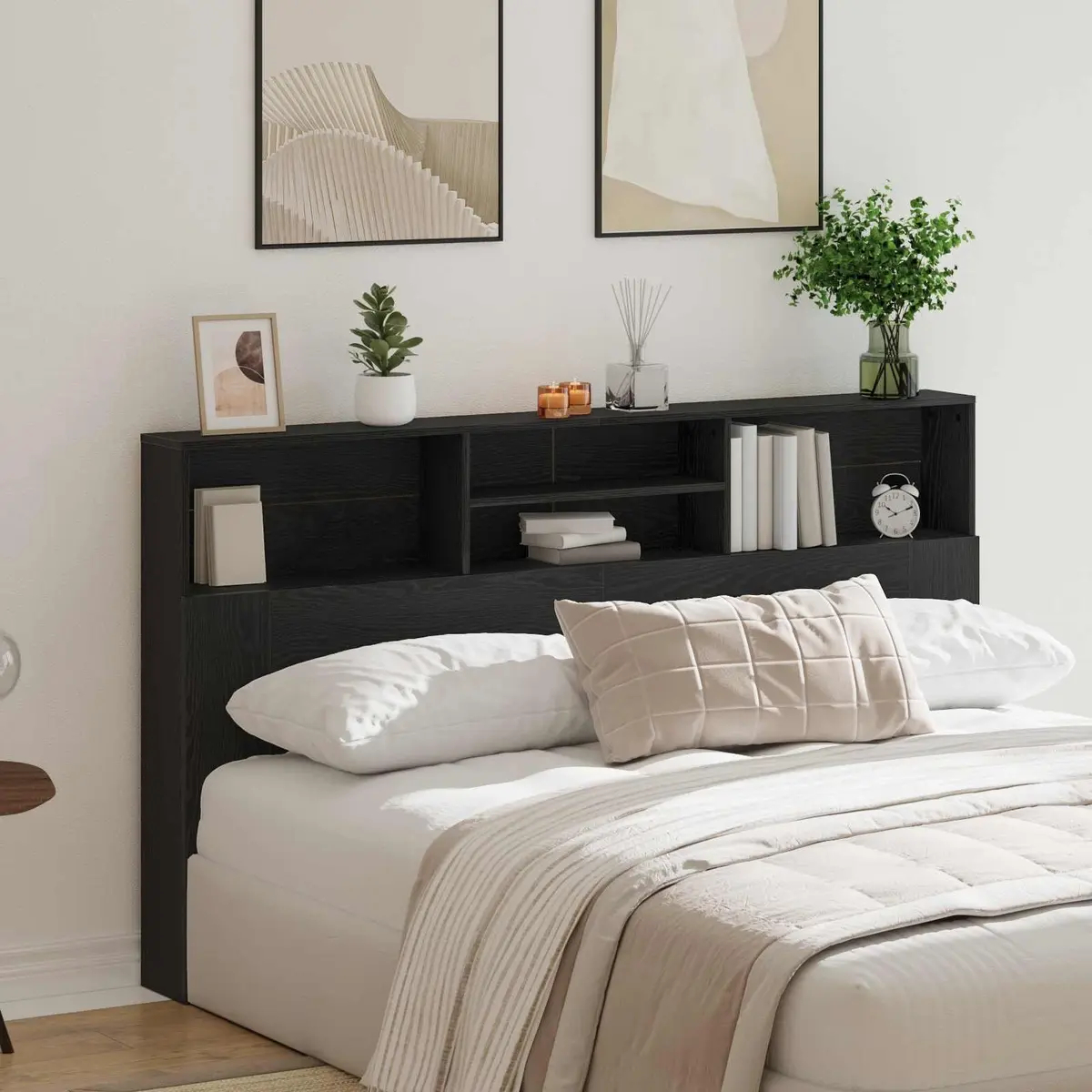 Headboard Cabinet Wall-Mounted Storage Bedroom Furniture Black Oak Modern Design