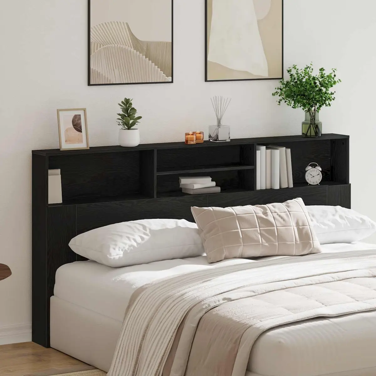 Black Oak Wall-Mounted Headboard Cabinet