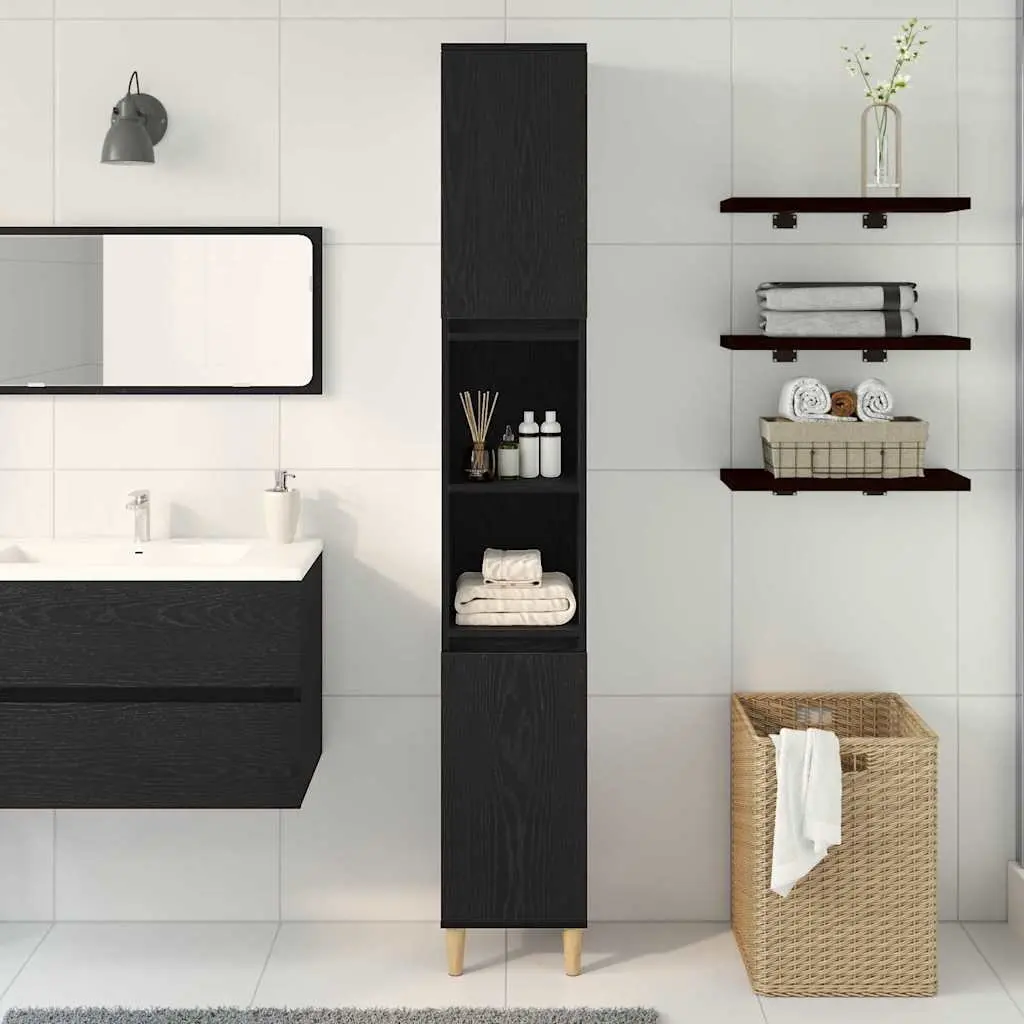 Bathroom Vanity Cabinet Storage Unit Black Oak 30x30x190cm Engineered Wood Tall