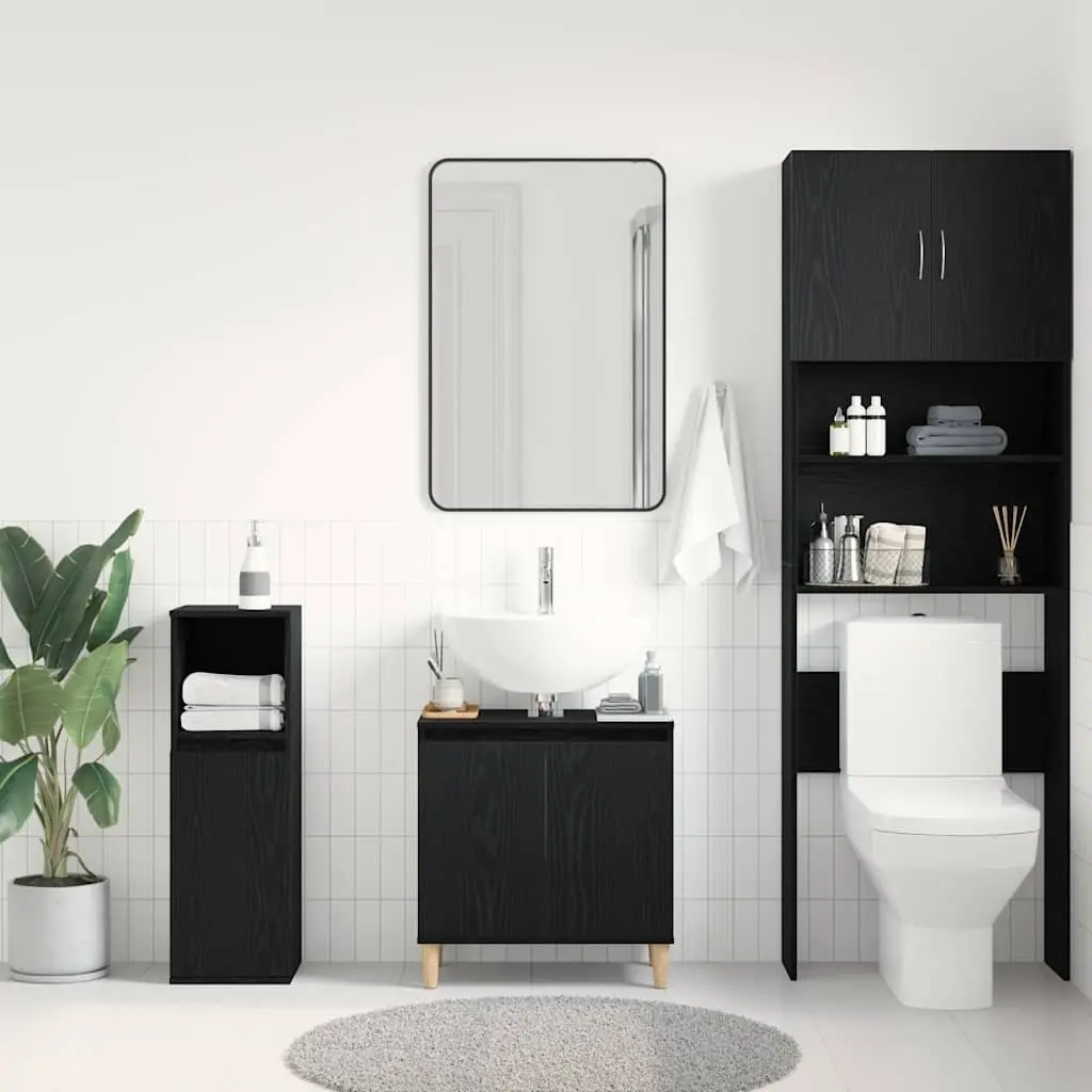 Bathroom Vanity Cabinet Wall-Mounted Sink Storage Unit Black Oak Modern Design