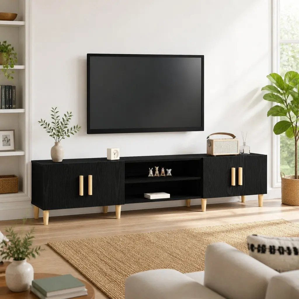 TV Cabinet Black Engineered Wood 180cm Modern Living Room Storage Unit
