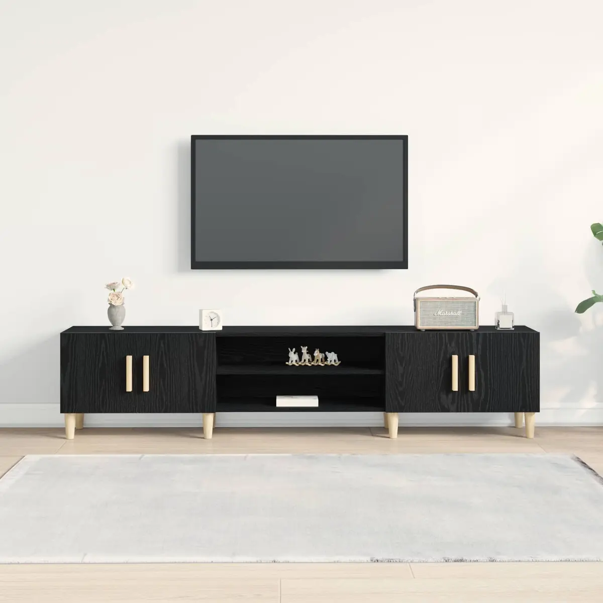 TV Cabinet Black Engineered Wood 180cm Modern Living Room Storage Unit
