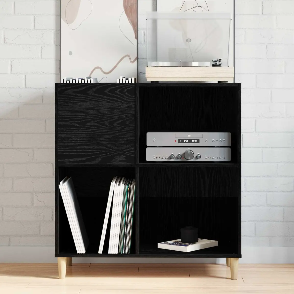 Record Cabinet Storage Unit Black Oak Living Room Furniture Engineered Wood