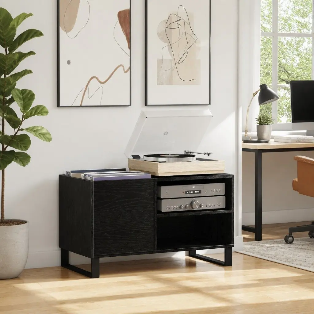 Media Storage Cabinet Black Oak Modern Engineered Wood 85 x 38 x 48 cm