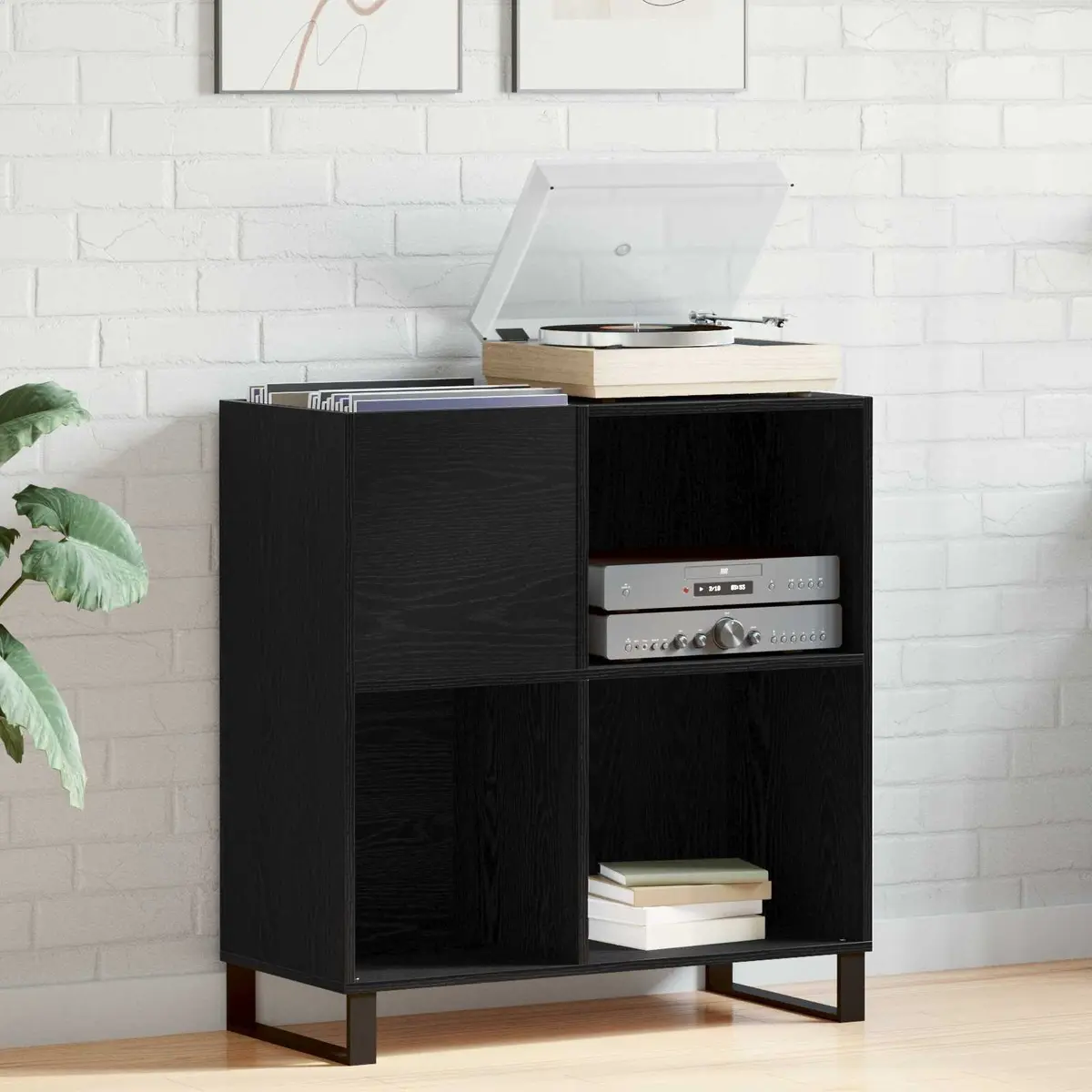 Record Cabinet Media Storage Unit Open Display Black Oak 85 x 38 x 89 cm