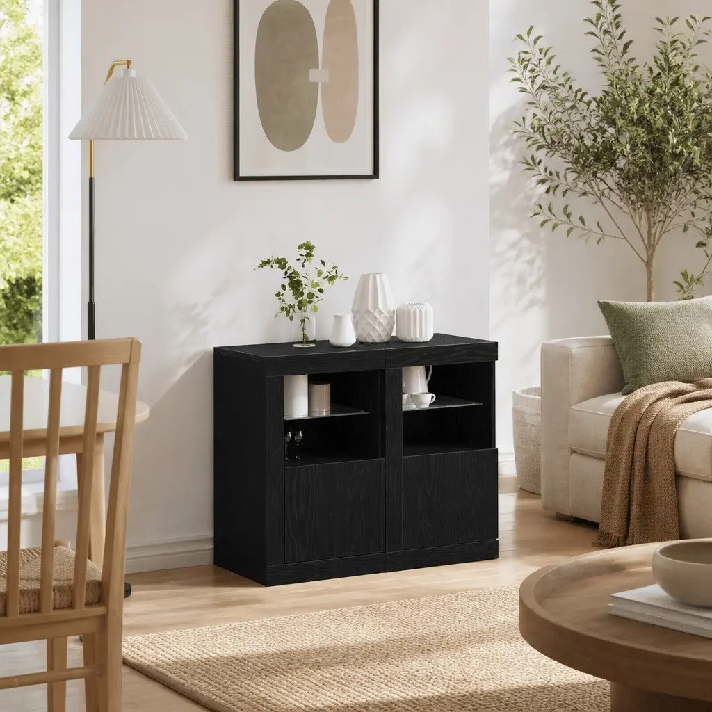 LED Sideboard 2 pcs Black Oak Buffet Cabinet with RGB Lights Storage Unit