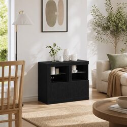 LED Sideboard Storage Cabinet Black 2 Doors Glass Shelves Modern Dining Room