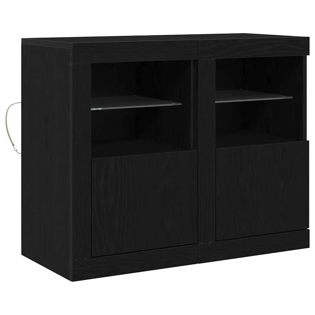 LED Sideboard 2 pcs Black Oak Buffet Cabinet with RGB Lights Storage Unit