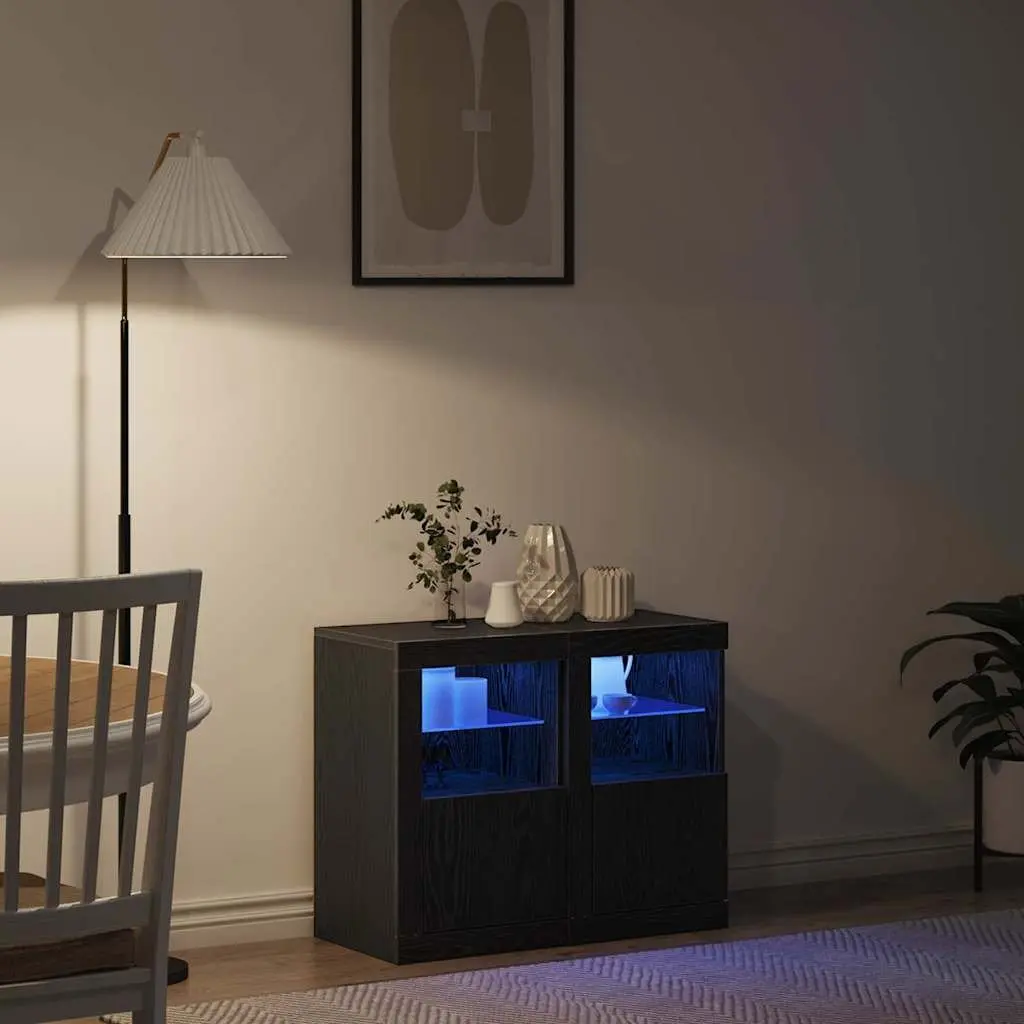 LED Sideboard 2 pcs Black Oak Buffet Cabinet with RGB Lights Storage Unit