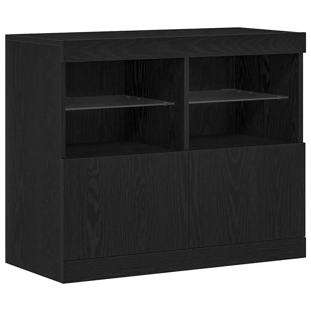 Modern LED Sideboard Black Storage Cabinet Engineered Wood Sliding Doors
