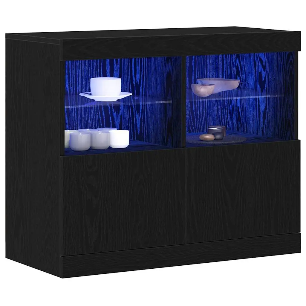 Modern LED Sideboard Black Storage Cabinet Engineered Wood Sliding Doors