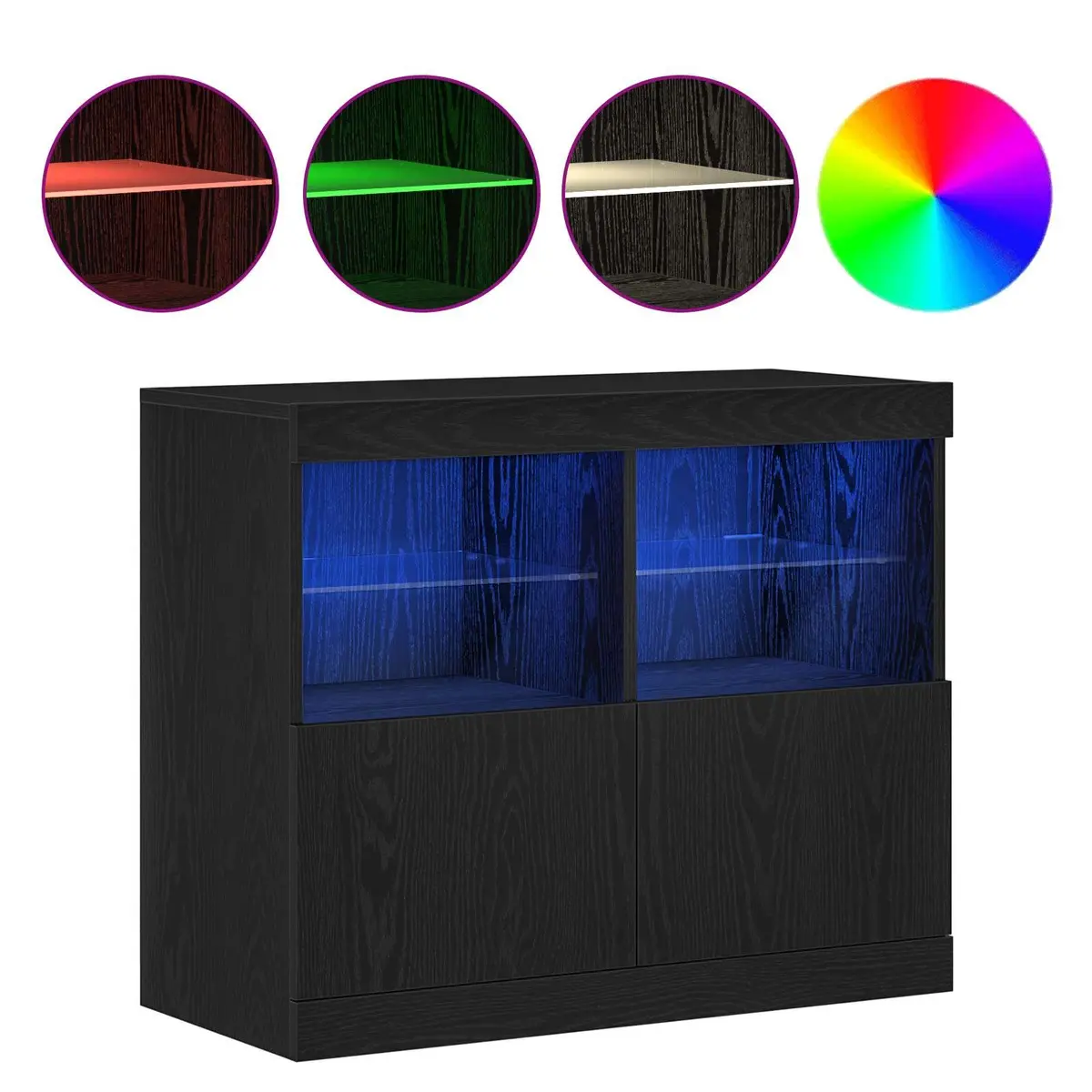 Modern LED Sideboard Black Storage Cabinet Engineered Wood Sliding Doors