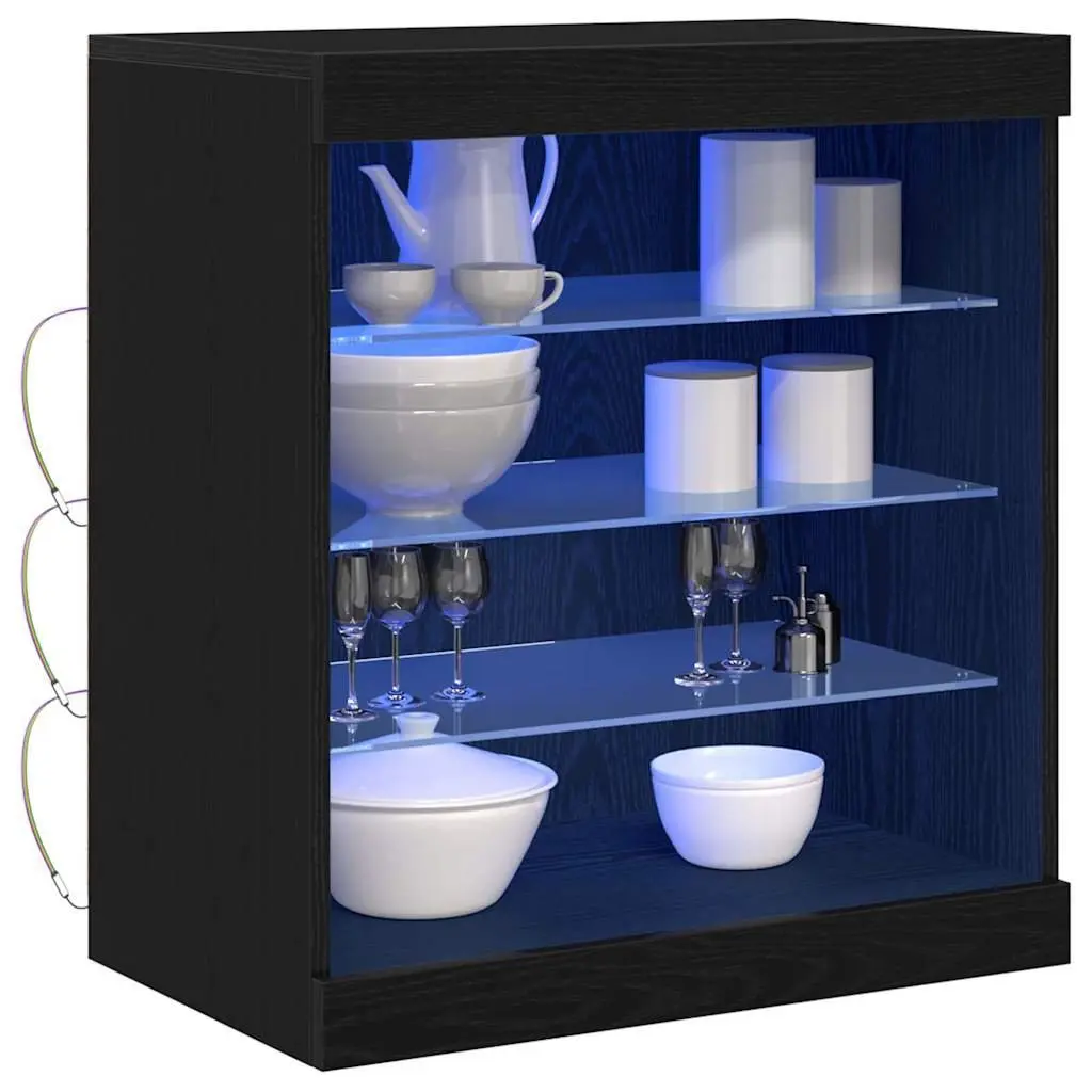 Sideboard Modern RGB LED Black Oak Storage Cabinet Glass Shelves 60.5 x 37 x 67 cm