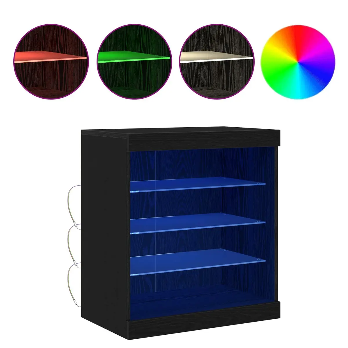 Sideboard Modern RGB LED Black Oak Storage Cabinet Glass Shelves 60.5 x 37 x 67 cm