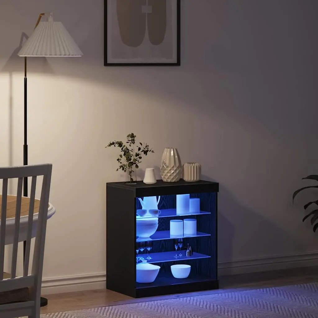 Sideboard Modern RGB LED Black Oak Storage Cabinet Glass Shelves 60.5 x 37 x 67 cm
