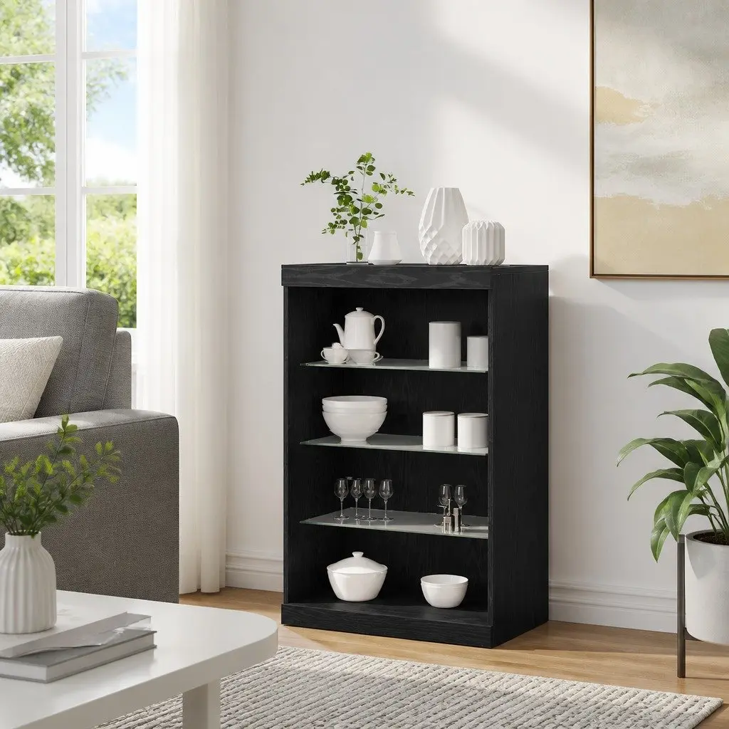 LED Sideboard Black Oak Storage Cabinet with Glass Shelves Modern Dining Living