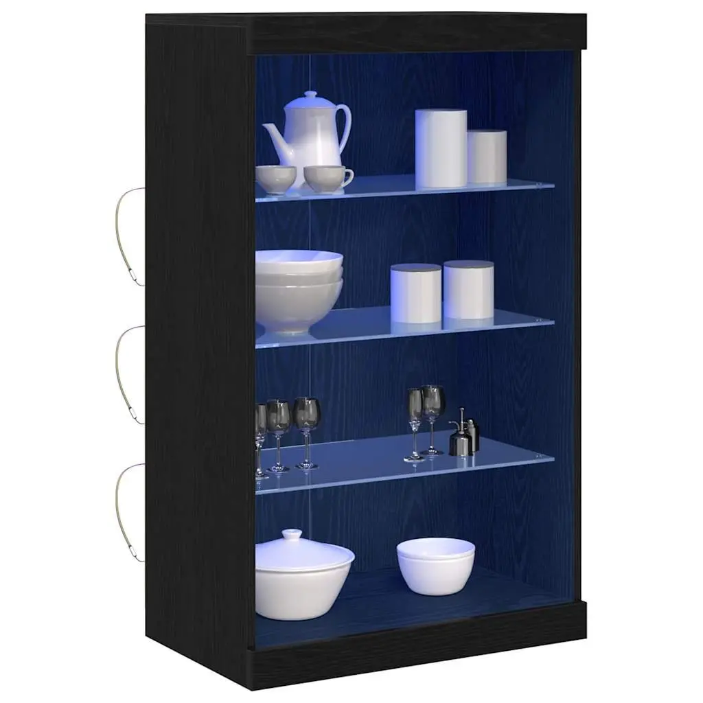 LED Sideboard Black Oak Storage Cabinet with Glass Shelves Modern Dining Living