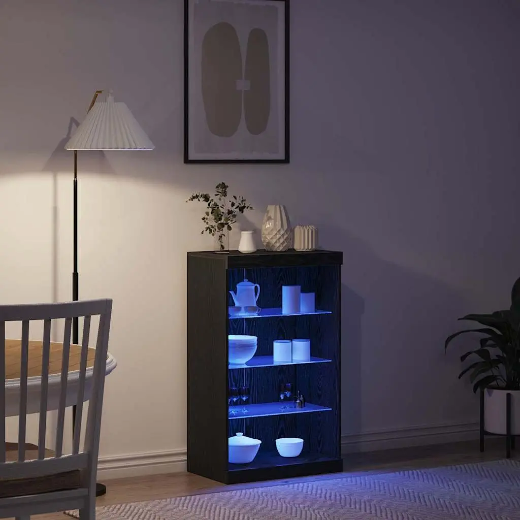 LED Sideboard Black Oak Storage Cabinet with Glass Shelves Modern Dining Living