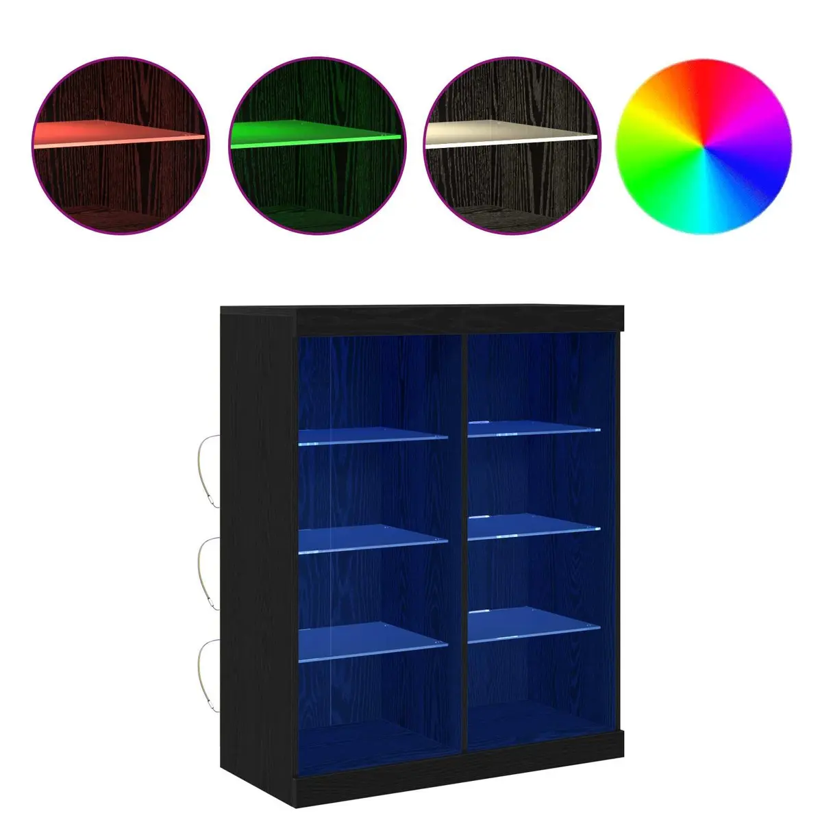 LED Sideboard Black Oak Modern Dining Living Room Storage Cabinet Glass Shelves