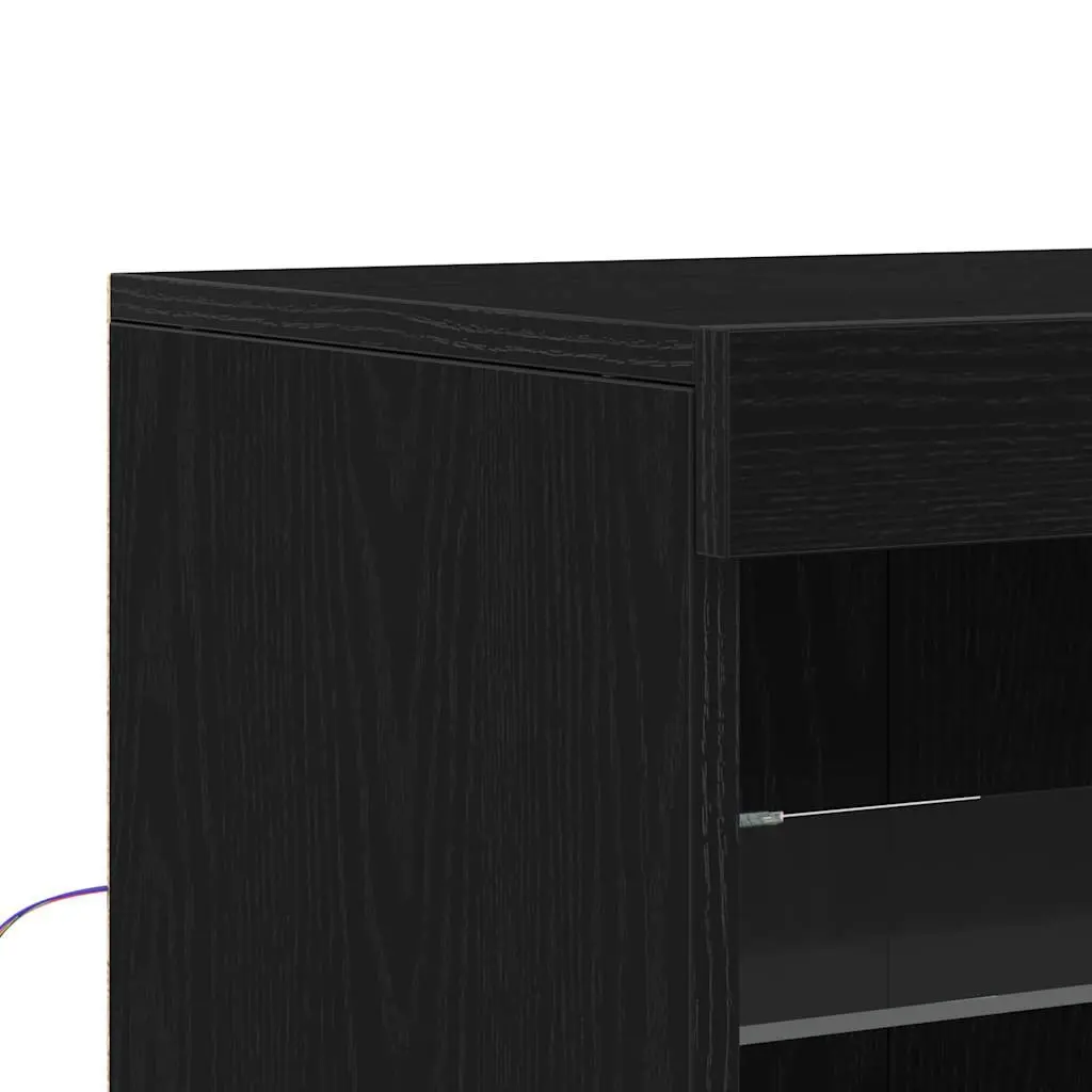 LED Sideboard Black Oak Modern Dining Living Room Storage Cabinet Glass Shelves