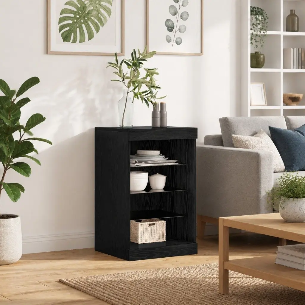 LED Sideboard Black Oak Modern Storage Cabinet Glass Shelves RGB Lighting Dining