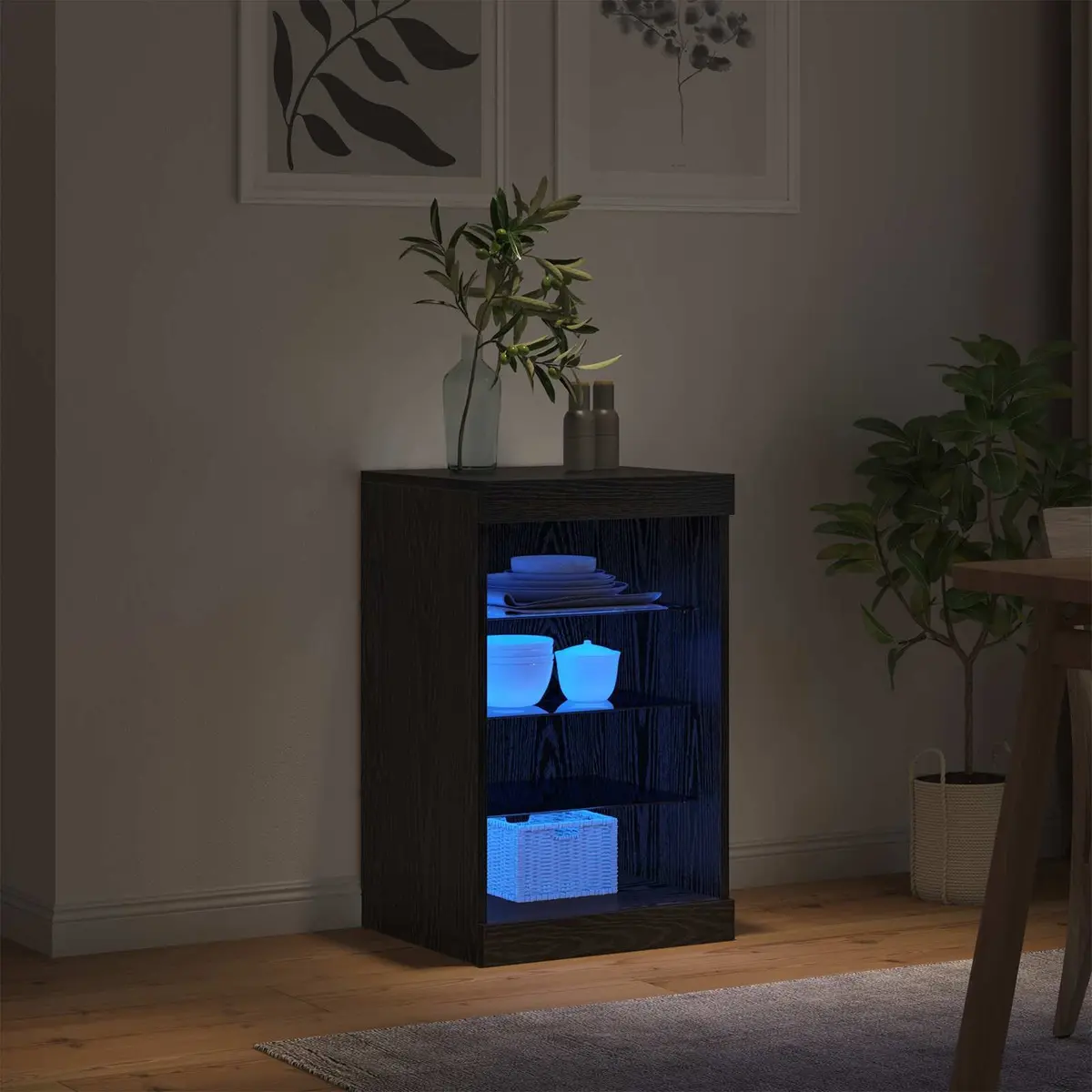 LED Sideboard Black Oak Modern Storage Cabinet Glass Shelves RGB Lighting Dining