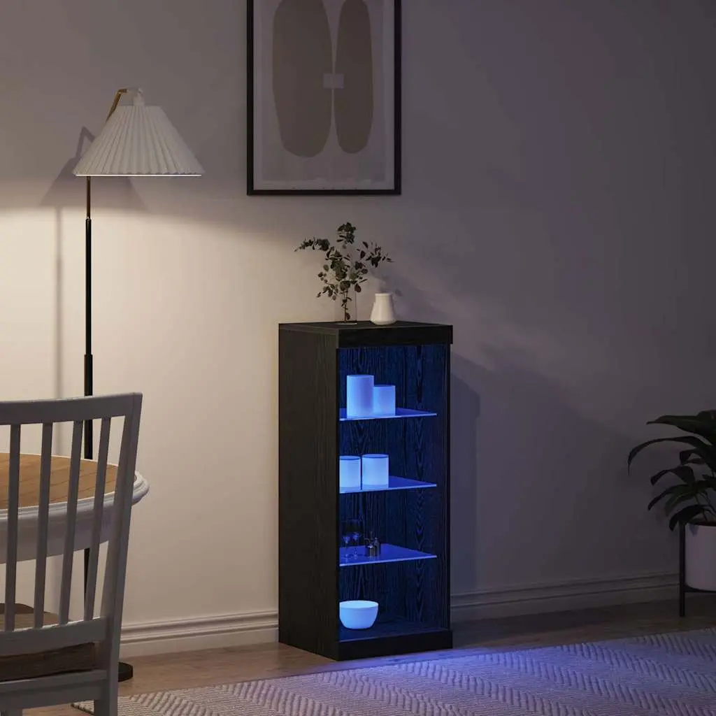 LED Sideboard Black Oak Modern Storage Cabinet Drawers Glass Shelves RGB