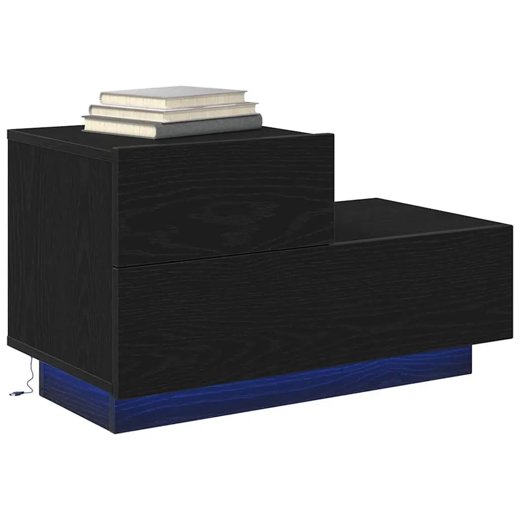 Bedside Cabinet Black Oak 70cm with LED Lights USB Charging Port