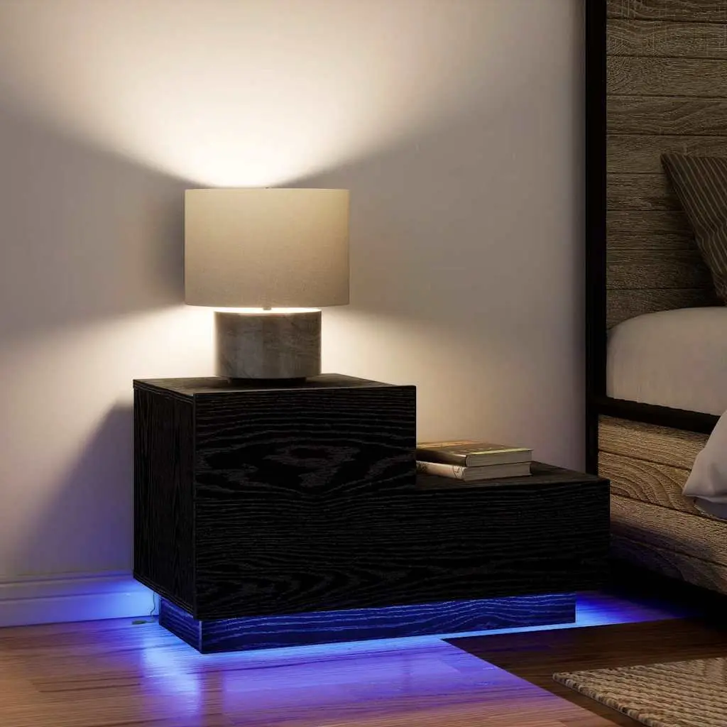 Bedside Cabinet Black Oak 70cm with LED Lights USB Charging Port