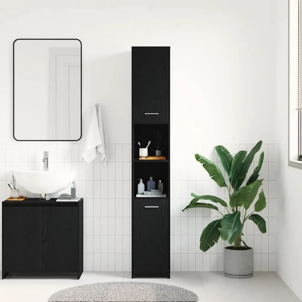 Bathroom Cabinet Black Oak Engineered Wood Tall Organizer