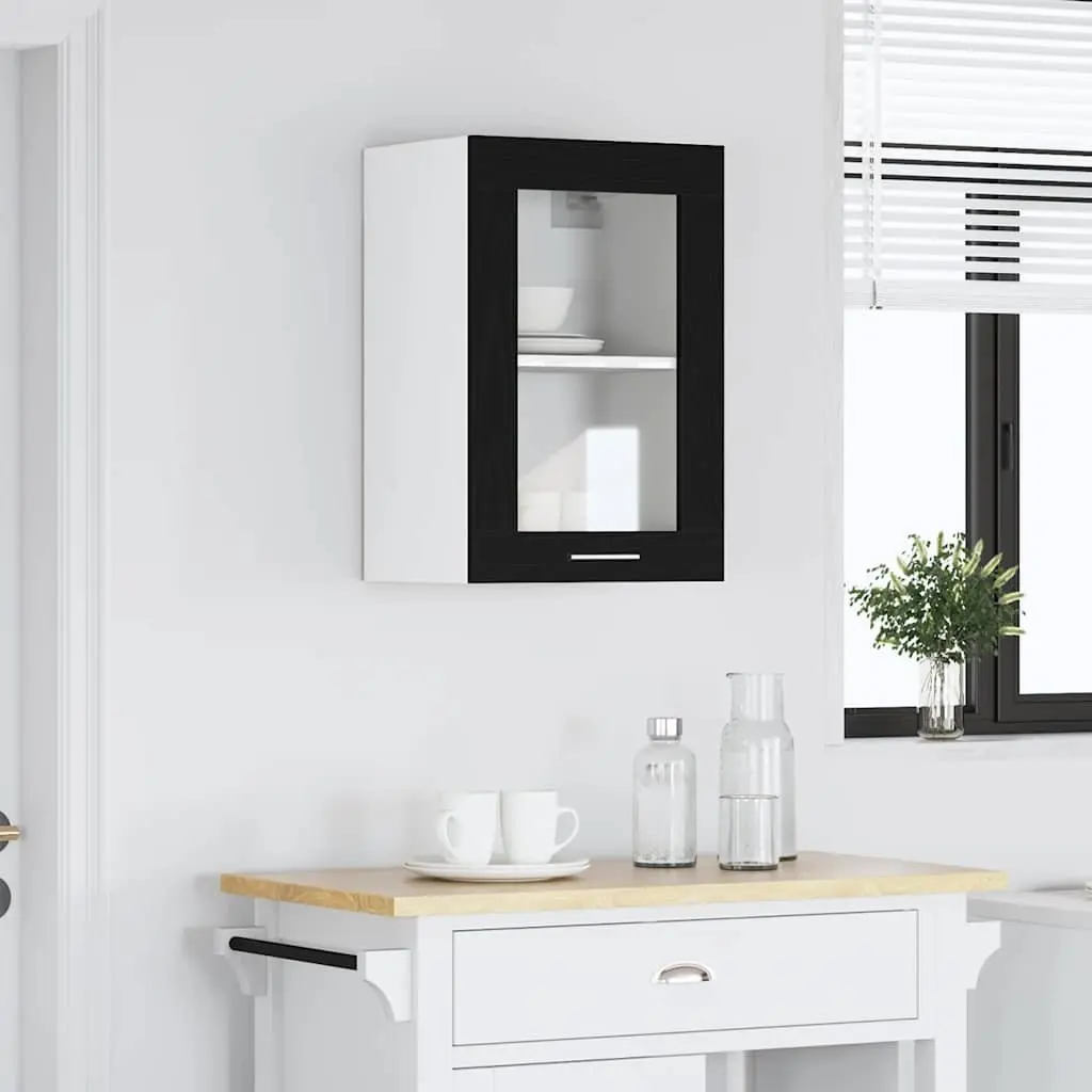 Wall-Mounted Glass Cabinet Black Oak Kitchen Storage 40x31x60cm